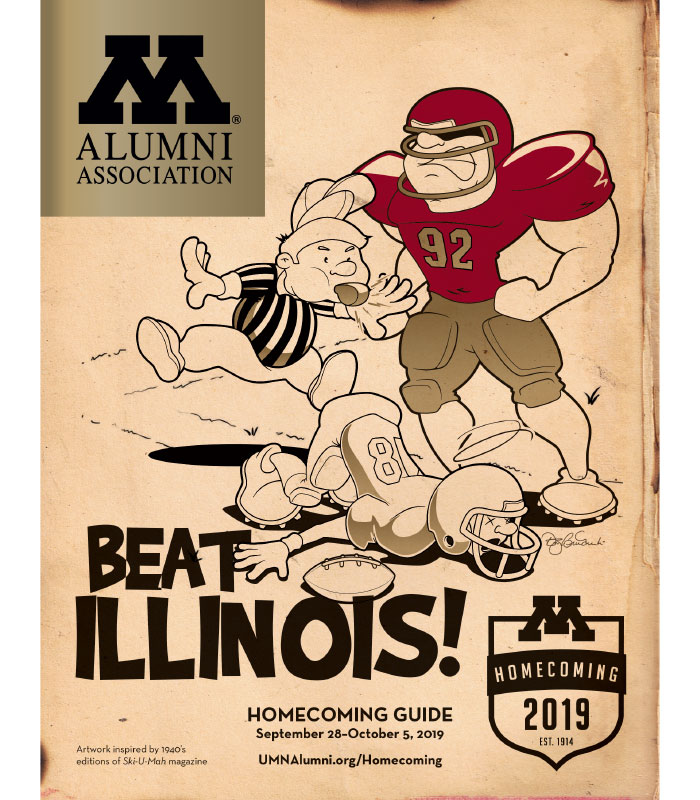 1940s style cartoon minnesota gopher football player standing over tackled football player