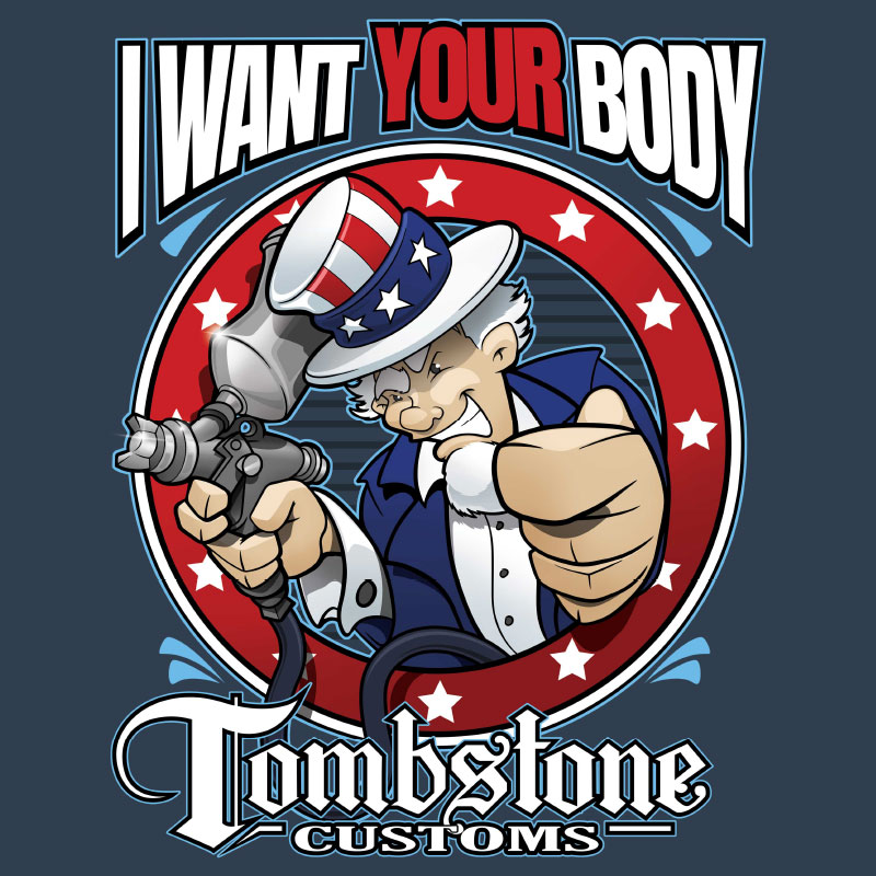 Uncle Sam holding an automotive paint gun with I want your body next to him