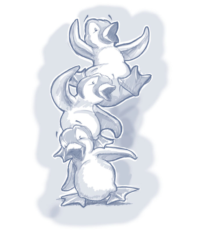 3 sketched penguins standing on top of each other