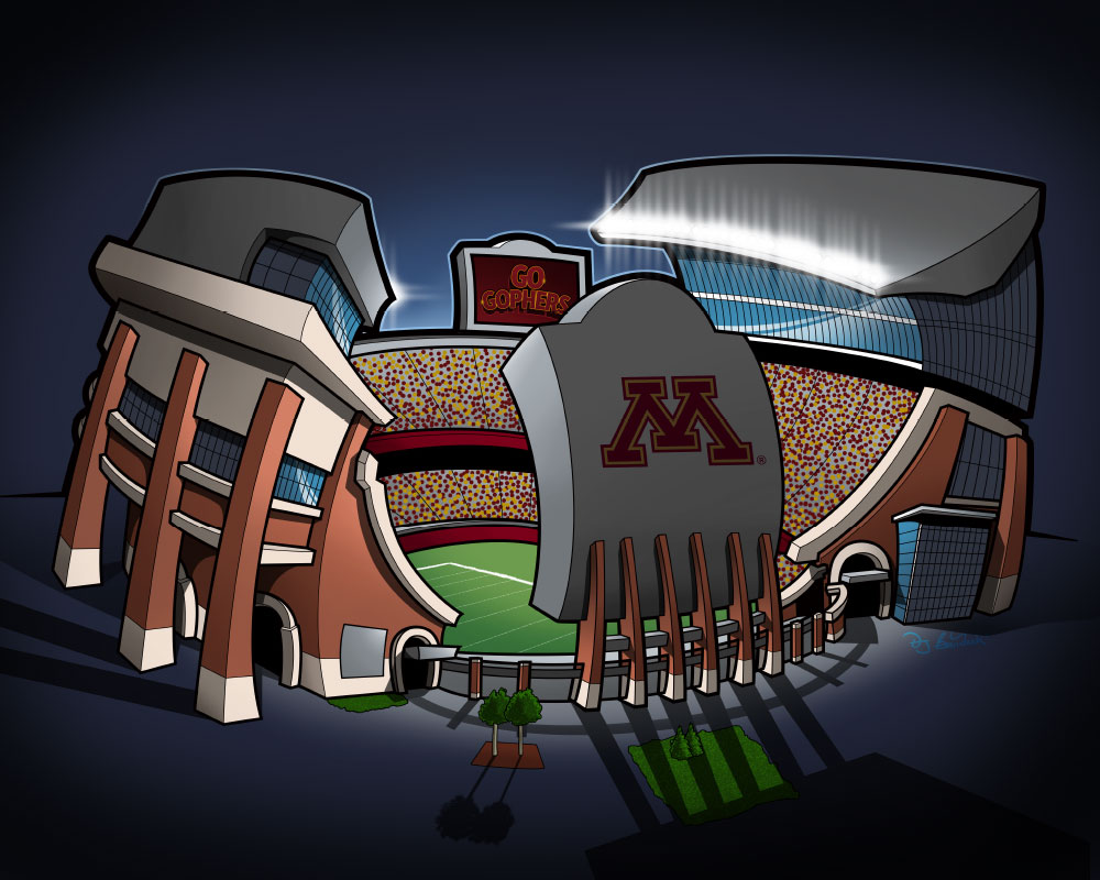 cartoon illustration of huntington bank stadium